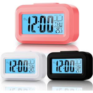 Highergo Digital Alarm Clock Large LCD Display, Simple Operation, Snooze Back Light, Time Date Month, Temperature Multifunction Clock for Bedrooms Office Travel Heavy Sleepers(Classic Colors,3 Pack)