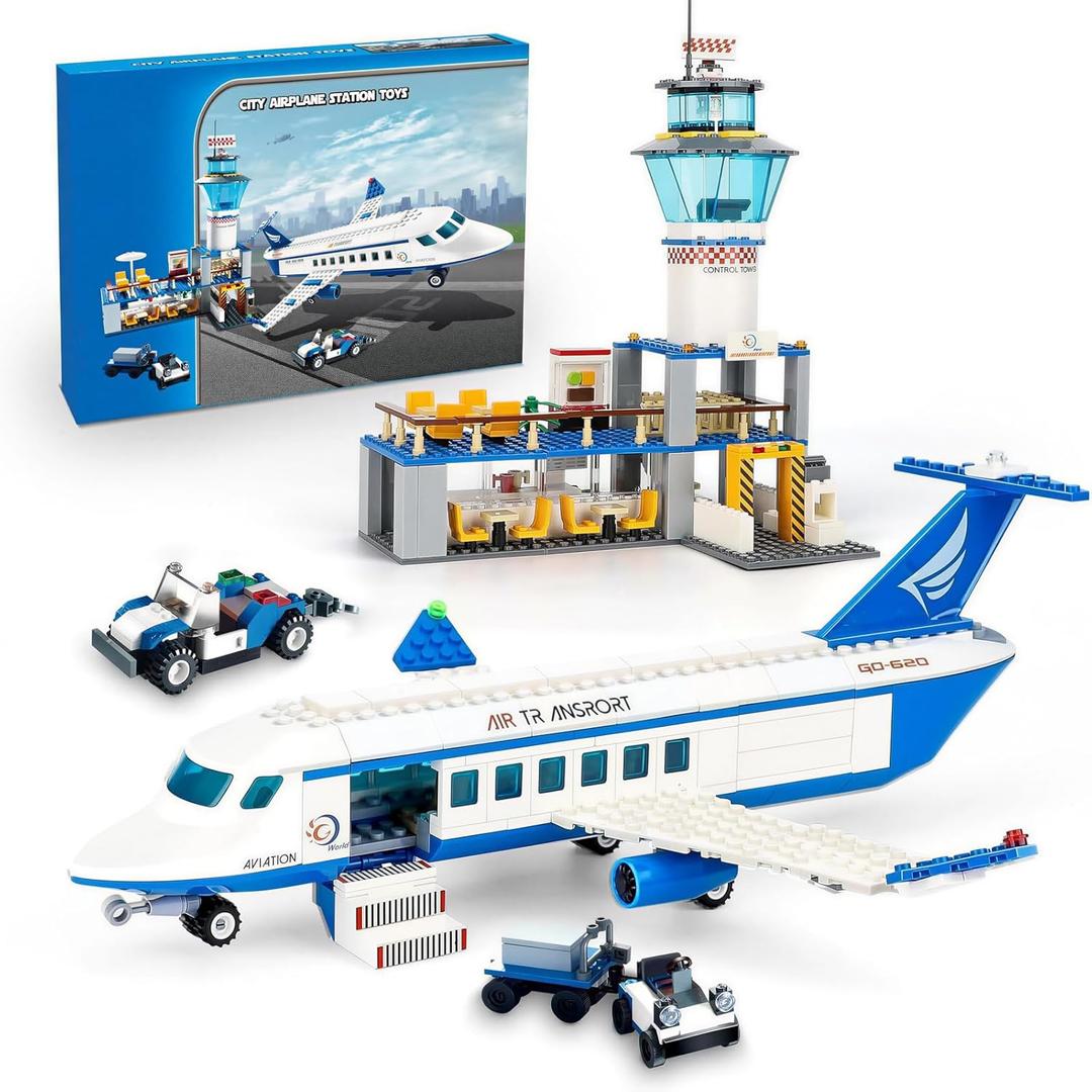 City Passenger Airplane Building Blocks Set with Plane,Airport, Terminal and Trailer Creative Building Model Toy Gift for Adults Aviation Lovers Idea
