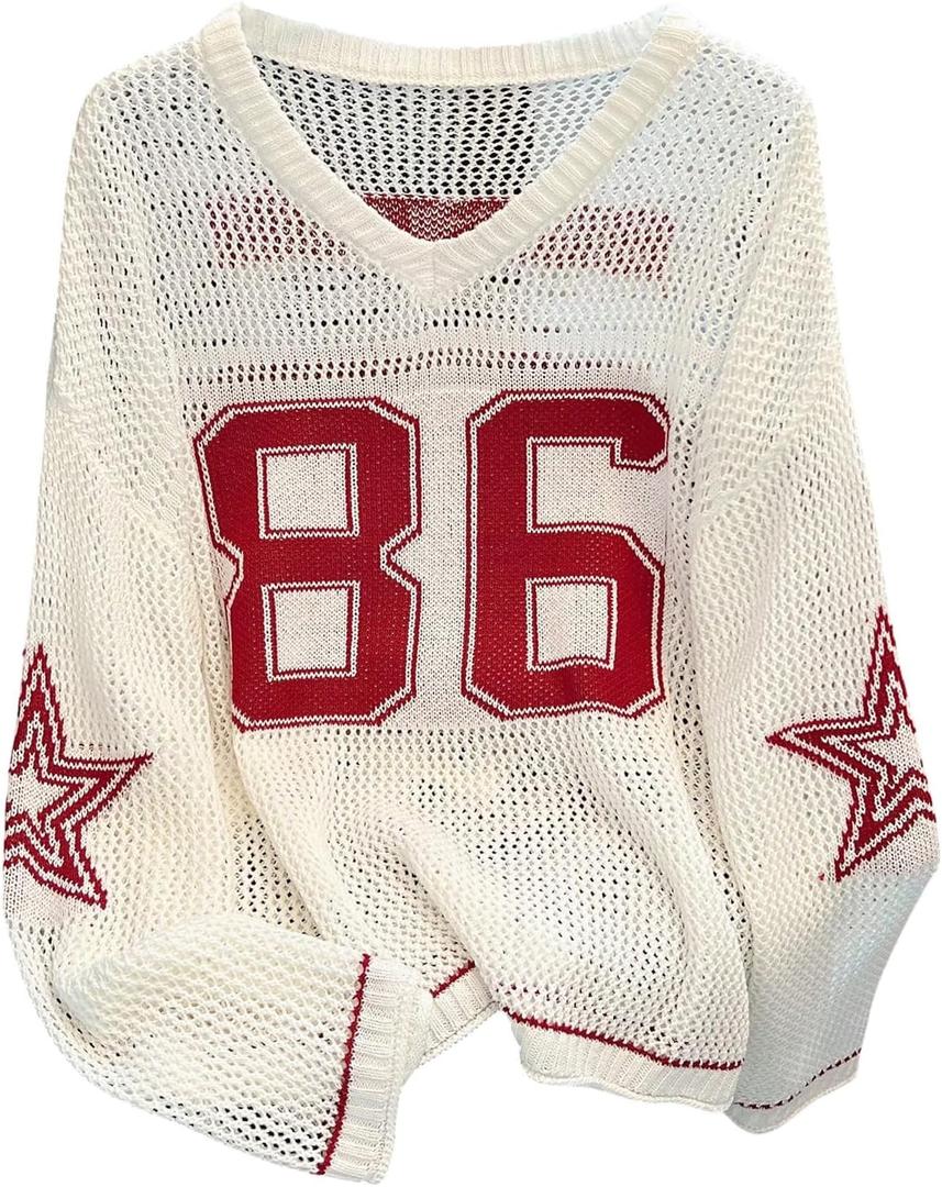 Verdusa Women's Y2k Clothes Going Out Tops Oversized Crochet Jersey Shirts Graphic V Neck Pullover Sweater (Large, White Red)