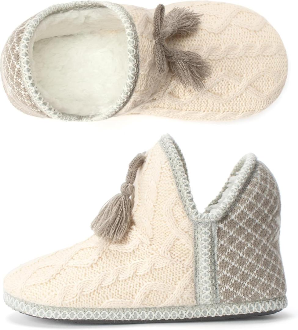 Women's Cozy Knit Slipper Boots Memory Foam Non-slip Indoor Outdoor Warm House Booties (7-8, Nordic Ivory)