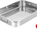 Stainless Steel Roaster with Flat Rack & Parchment Paper, 16.2 x 12.2 x 3 inches - Ideal Roasting Pan for Whole Turkey, Roasts, or Multiple Sides