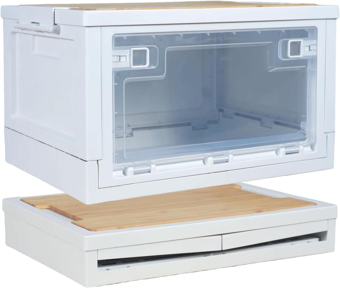 Foldable Camping Storage Box with Lid, 30L Collapsible Toy Storage Bin with Bamboo Cutting Board and Door, Stackable Storage Crate Organizer for Car Trunk, Picnic, Camping, Home, Dorm