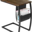 SRIWATANA Side Table End Table, Vintage C Shaped Couch Table with Side Pocket for Sofa Laptop Coffee Snack, Walnut