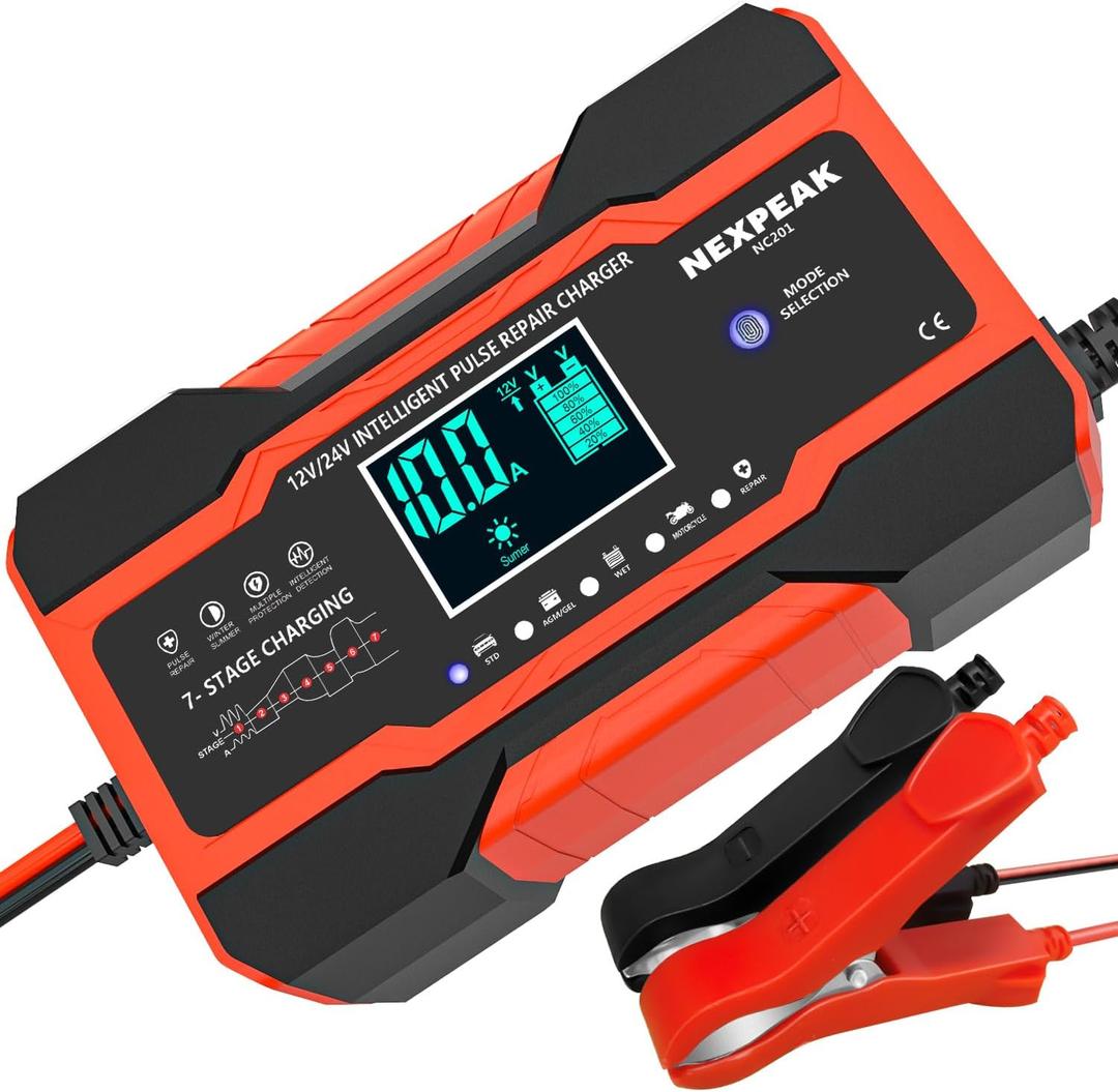 NEXPEAK NC201 10-Amp Battery Charger, Smart Trickle Charger 12V 24V Car Battery Charger Fully Automatic Maintainer Desulfator w/Temp Compensation for Car Truck Lawn Mower Boat Marine Batteries