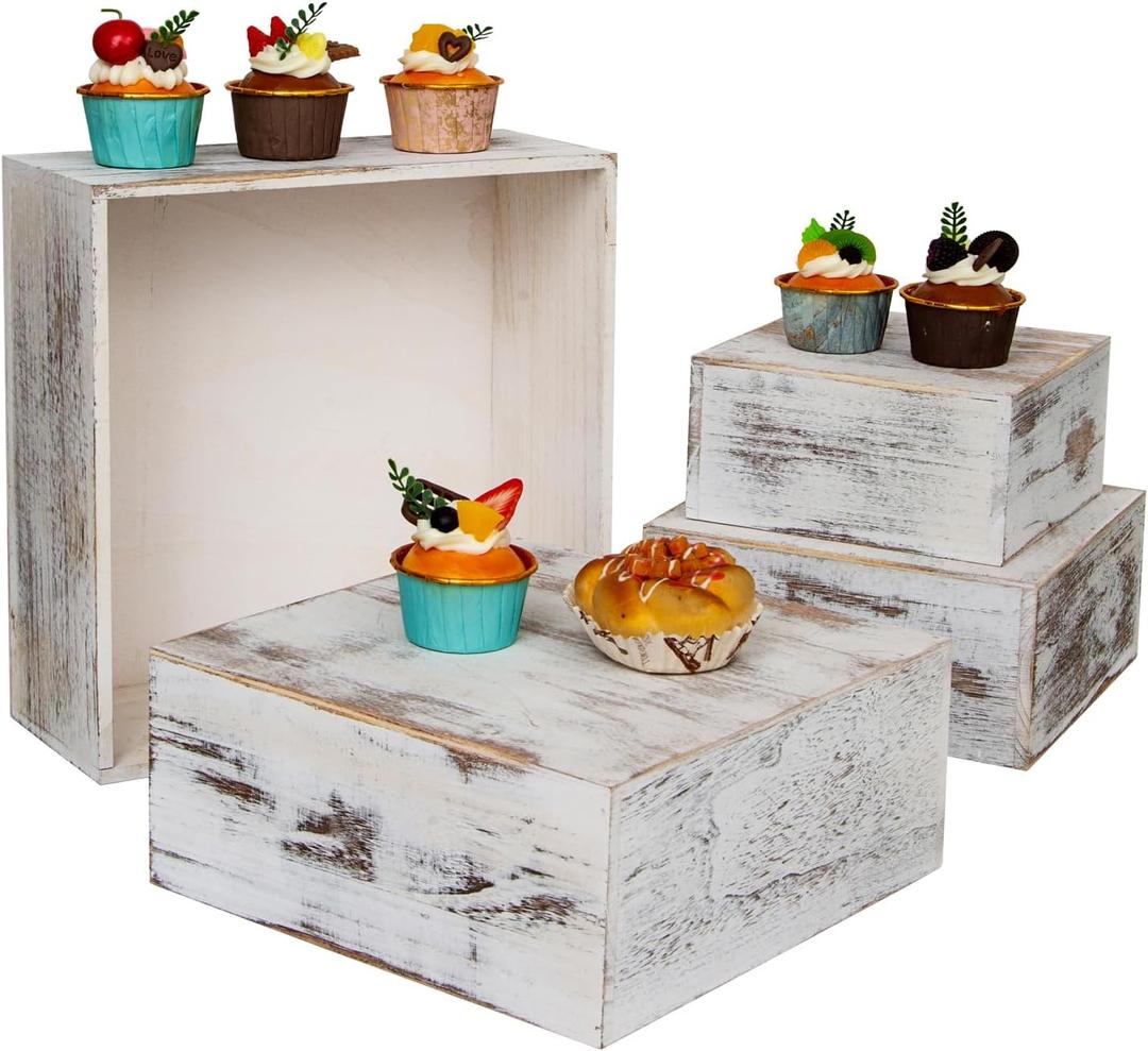 Vintage Square Wooden Cake Stands For Display, Set Of 4 Wood Cupcake Stands Risers, 12 Inches Rustic Wood Crates For Wedding Cake Display, Square Wooden Display Risers For Home Decor (Vintage White)