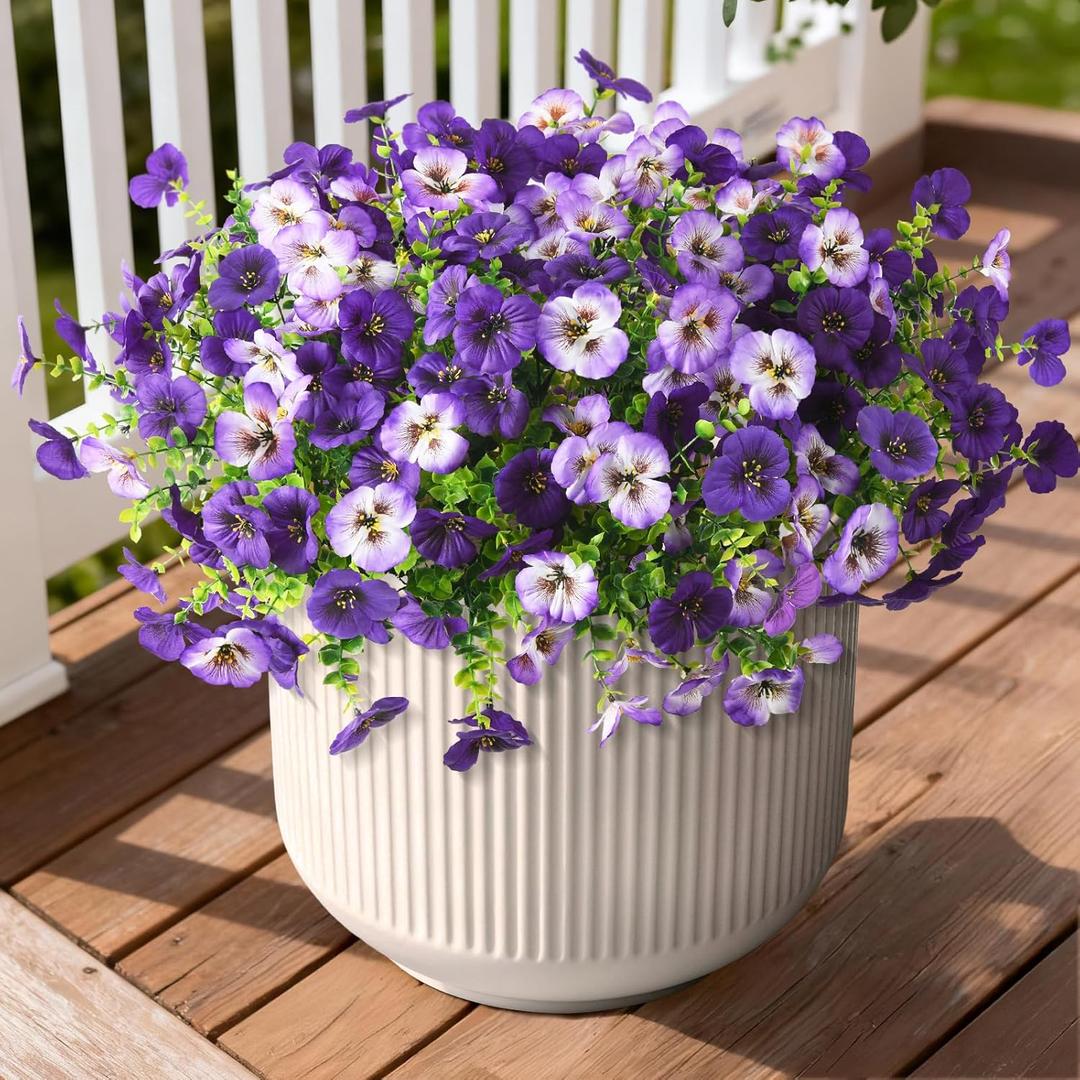 INQCMY Fake Artificial Pansy Flowers for Outdoor, Faux Silk Pansies Flower 12 Pcs Spring Summer Decoration, UV Resistant Fake Plants for Outside Planter Porch Yard Patio Home Decor(Double Purple)