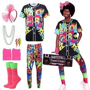 ZhouBoat 80s Outfit for Women, 80s Accessories Costume Set with Short Sleeve Shirt Stretch Pants Fishnet Gloves Necklaces Earrings Socks Headband for Halloween Cosplay (M)