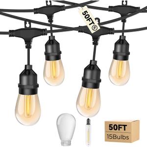 Outdoor String Lights LED 50FT Patio String Lights for Outside with S14 Teardrop-Shaped Bulbs Waterproof Flat Light Christmas Hanging Pendent Lights for Balcony Backyard Garden 2700K