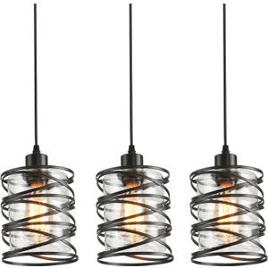 3 Pack Pendant Light Kitchen Island Pendant Lighting, Glass Hanging Light with Spiral Cage Clear Glass Shade, Black Modern Indoor Hanging Lamp