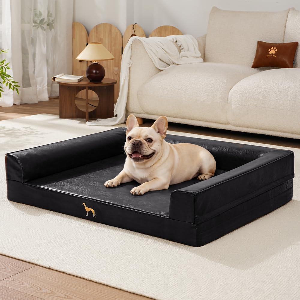 SOMAHE Waterproof Leather Dog Bed, Sofa Bolster, Medium 20x28x7 Black | Wipe-Clean Leather + Sofa Bolster: 45D Foam and Waterproof Surface for Medium Dogs that Like to Curl and Lean
