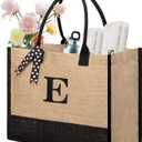 BeeGreen Women Beach Tote Bag with Handles Jute Bag Birthday Gifts Bag for Friends Mother Large Initial Tote Bag for Bridal Shower Unique Bridesmaid Gifts E