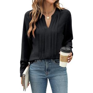 Blooming Jelly Women's Dressy Casual Blouses Business Work Tops Long Sleeve V Neck Pleated Shirts 2025 Fall Outfits (X-Large, Black)