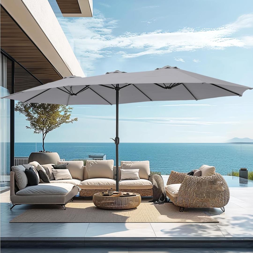 PHI VILLA 15ft Large Patio Umbrellas with Base, Outdoor Double-Sided Rectangle Market Umbrella for Pool Lawn Garden, Light Gray