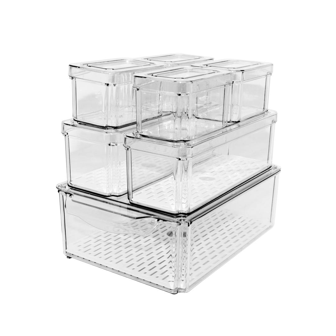 OGGI 17 Piece Storage Bin Set with Lids & Airflow Trays, Clear Stackable Storage Containers for Fridge Organizers and Storage, Pantry Organizers, Kitchen Organization, Cabinet & Bathroom Storage