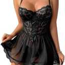 Mixxmix Babydoll Lingerie for Women Lace Up Mesh Chemise Nightgown with Garter Belt, XL