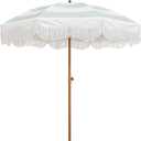 AMMSUN Boho Fringe Umbrella Outdoor Patio, 6.5ft UPF50+ Picnic Umbrella with Tassels with Steel Pole and Push Button Tilt, Vintage Green Stripe