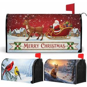 3PCs Winter Christmas Mailbox Covers Magnetic Standard Size, 21x18 Inch Santa Cardinal Snow Letter Box Cover Sets, Waterproof Holiday Mail Box Wraps Yard Garden Decorations
