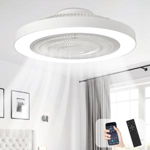 Depuley Modern Ceiling Fan with Light: 19" Bladeless Flush Mount Low Profile LED Ceiling Fans with Remote & Smart APP Control - White Enclosed Fandelier Dimmable Quiet DC Motor for Bedroom Kids Room