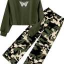 Girls Clothes 2 Piece Outfits Butterfly Print Hoodies Solid Sweatshirts Sweatpants Clothing Sets with Pockets (Green Camo, Size 7-8y)