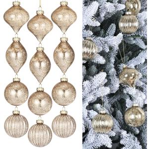 12 Pcs Mercury Glass Christmas Ornaments 2.36"3.15" Christmas Ball Ornaments Assorted Mercury Hanging Decor for Xmas Tree Decoration(Champagne)