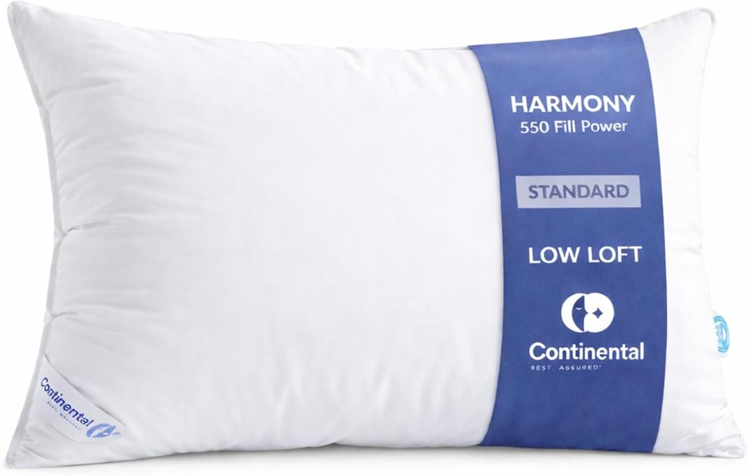 Continental Bedding Harmony White Goose Down Pillow 550 Fill Power Soft Loft 100% Cotton 300 Thread Count Shell Standard Size 1 Pack Made in USA