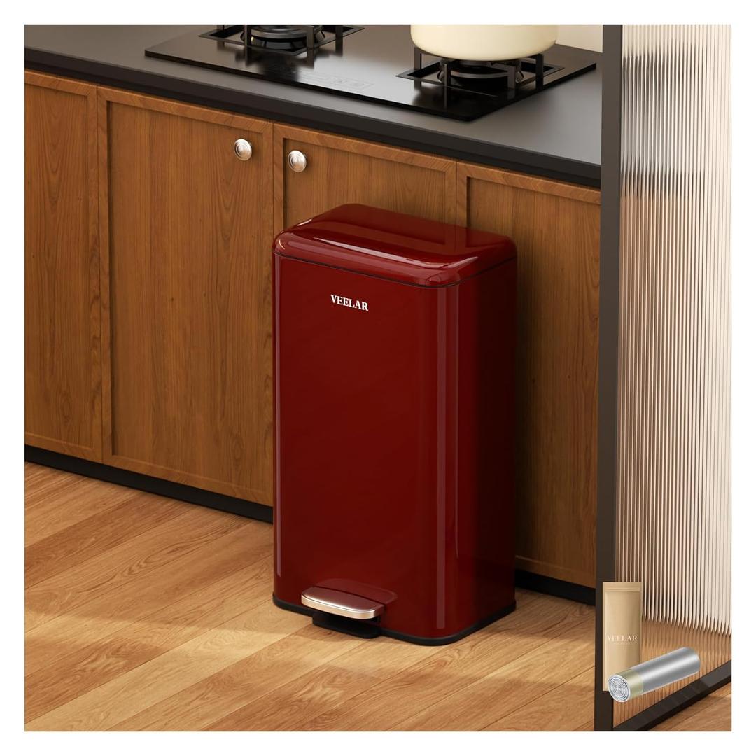 Kitchen Bathroom 8 Gallon Trash Can - Stainless Steel Garbage Cans with Foot Pedal, Recycling Bin with Lid for Office Bathroom Decor (Red, 30Liter / 8Gallon)