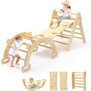 CoziBB Pikler Triangle Set, 5 in 1 Wooden Montessori Climbing Toys Baby Indoor Playground Gym, Foldable Indoor Climbing Toys with Ramp, Arch Climber, Baby Climbing Toys for Toddlers 1-3 Inside