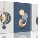 3Pcs Framed Modern Abstract Canvas Wall art Blue White Luxury Gold Graphic Wall Decor Pictures Minimalist Medieval Geometric Poster Prints for Living Room Bedroom Office Home Decoration 16x24in