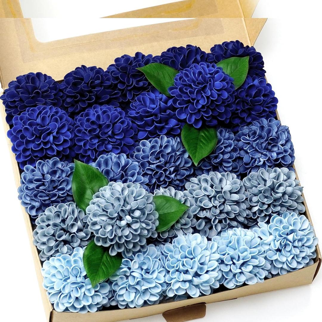 Artificial Wedding Dahlia Flowers 25 pcs Fake Roses with Stem for DIY Wedding Decor Centerpieces Arrangements Bouquets (Shades of Navy Blue)