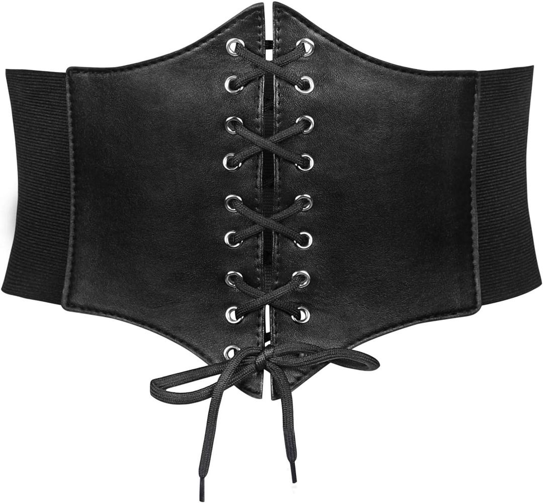 JASGOOD Womens Elastic Costume Waist Belt Lace-up Tied Waspie Corset Belts for Women (Fit Waist Size 27"-30", Black)