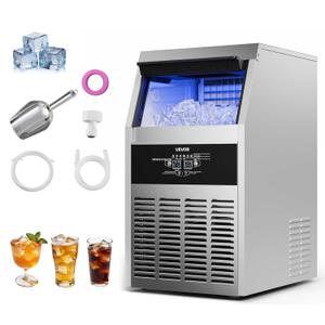 VEVOR Commercial Ice Maker Machine, 130 lbs/24h with 16-30 lbs Storage Capacity, Built-in/Freestanding/Under Counter, Stainless Steel Ice Maker with LED Display & Self-Cleaning, Home Bar Restaurant