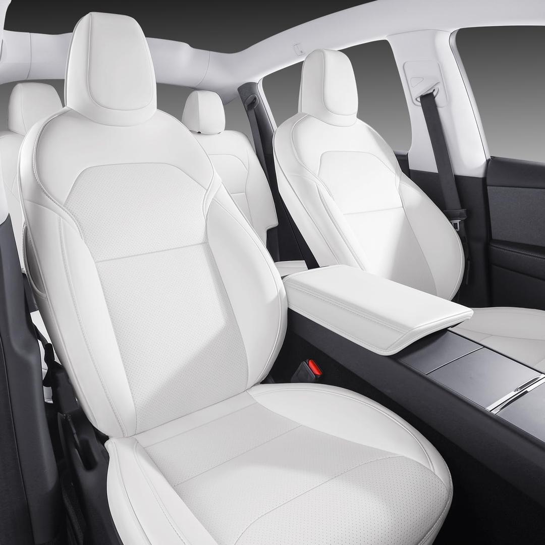 Car Seat Covers for New 2025-2026 Tesla Model Y Juniper Nappa Leather Car Interior Seat Airbag Compatible Cushion Cover Full Set Custom Fit, Nappa White