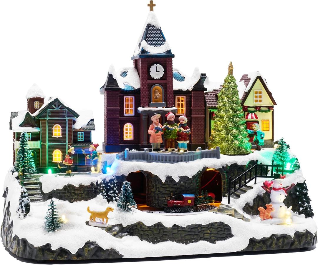 Valery Madelyn Christmas Village Decorations, Battery Operated Musical House, LED Lights Dynamic Trains Winter Scenes Figurine Retro Choir Town Gift for Christmas Decoration, 10.8 Inch