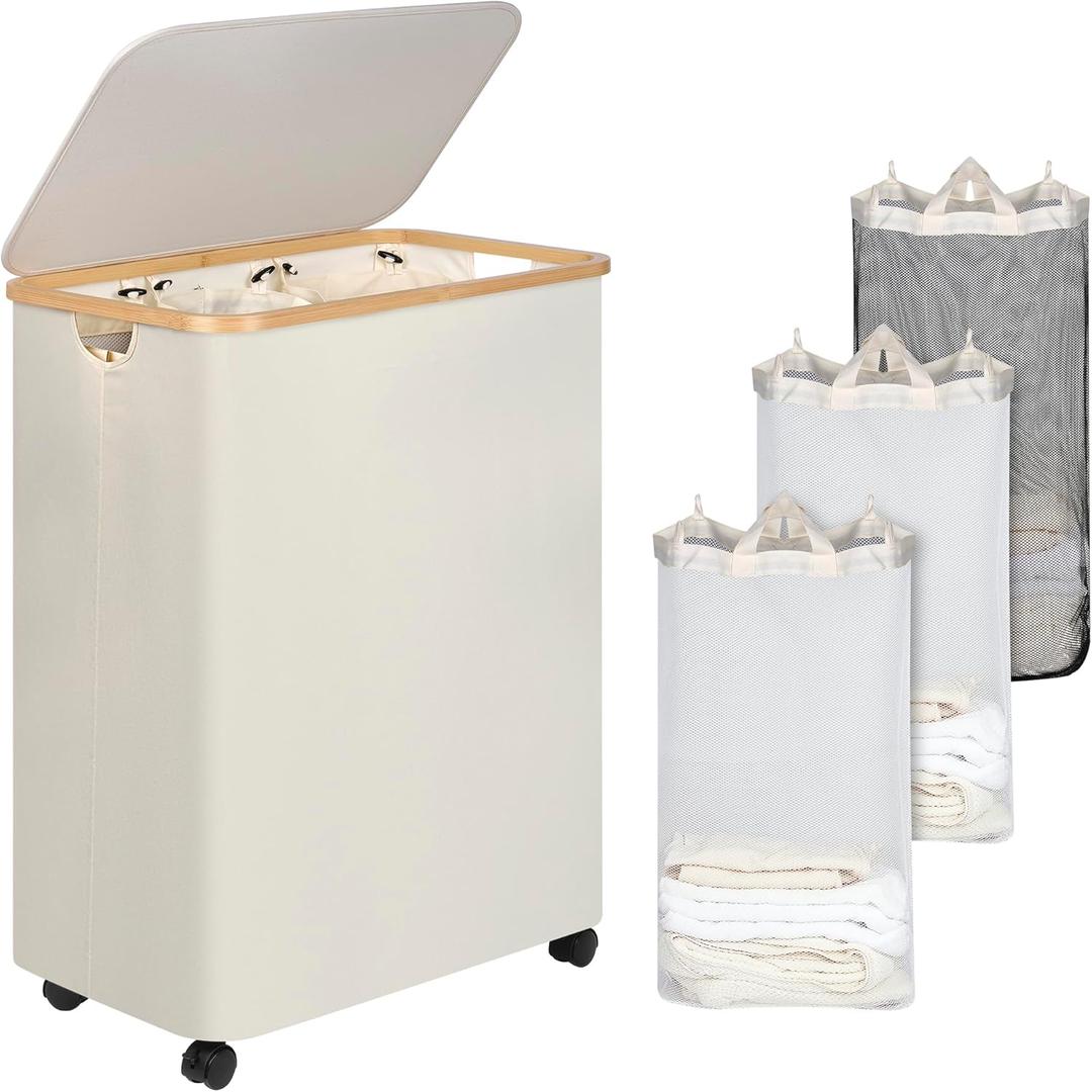 Lagre Laundry Basket with Wheels, Laundry Hamper with Lid, 160L Clothes Hamper for Laundry with 3 Liner Bags, for Laundry Room, Bedroom, Dormitory Organization, Beige