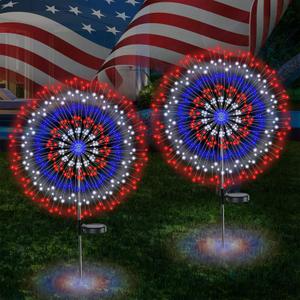 Enhon 2 Pack 4th of July Solar Firework Lights, Each 360 LEDs Red White Blue Lights 8 Modes Solar Outdoor Waterproof Garden Pathway Stake Lights for Fourth of July Patriotic Lawn Patio Yard Decoration