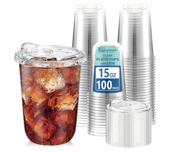 Homestockplus 15 oz Clear Plastic Cups with Lids (100 Pack) Strawless Sip Lids, LeakProof & BPAFree Iced Coffee Cups Disposable Cold Drink Cups for Smoothies, Milkshake, Parties, Events (100 Pack)