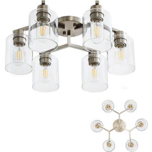 6 Light Semi Flush Mount Ceiling Light Modern Brushed Nickel Ceiling Light Fixtures Kitchen Lighting Fixtures ceiling with Clear Glass Shade for Kitchen Bedroom Living Room Dining Room