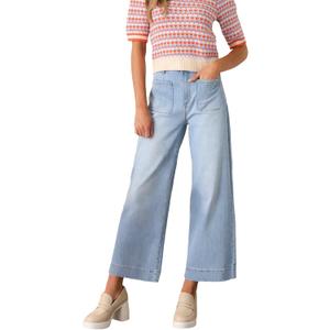 Allimy Women's High Waisted Cropped Wide Leg Jeans Stretchy Loose Denim Pants with Front Patch Pockets (Blue)
