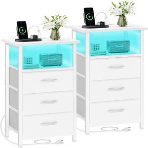 Vagusicc Night stand Set 2 with Charging Station, LED Nightstand for Bedroom, White Bedside Table with 3 Fabric Drawer, End Table Side Table with USB Ports & Outlets, Bed Side Table for Bedroom, White