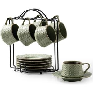 Espresso Cups Set of 6, 4 oz Demitasse Cups with Saucer and Metal Stand Small Coffee Cup Set, Porcelain Cappuccino Cups for Latte, Cafe Mocha and Tea, Green