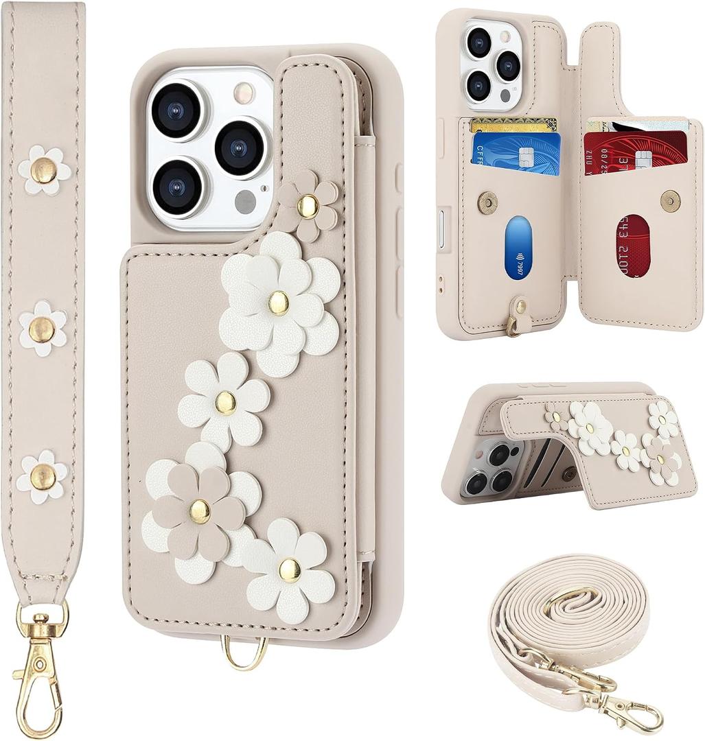 Compatible with iPhone 16 Pro Wallet Case with Card Holder for Women, Kickstand, Crossbody Lanyard, Wrist Strap Flower Leather Flip Cover Designed for iPhone 16 Pro 6.3", Beige