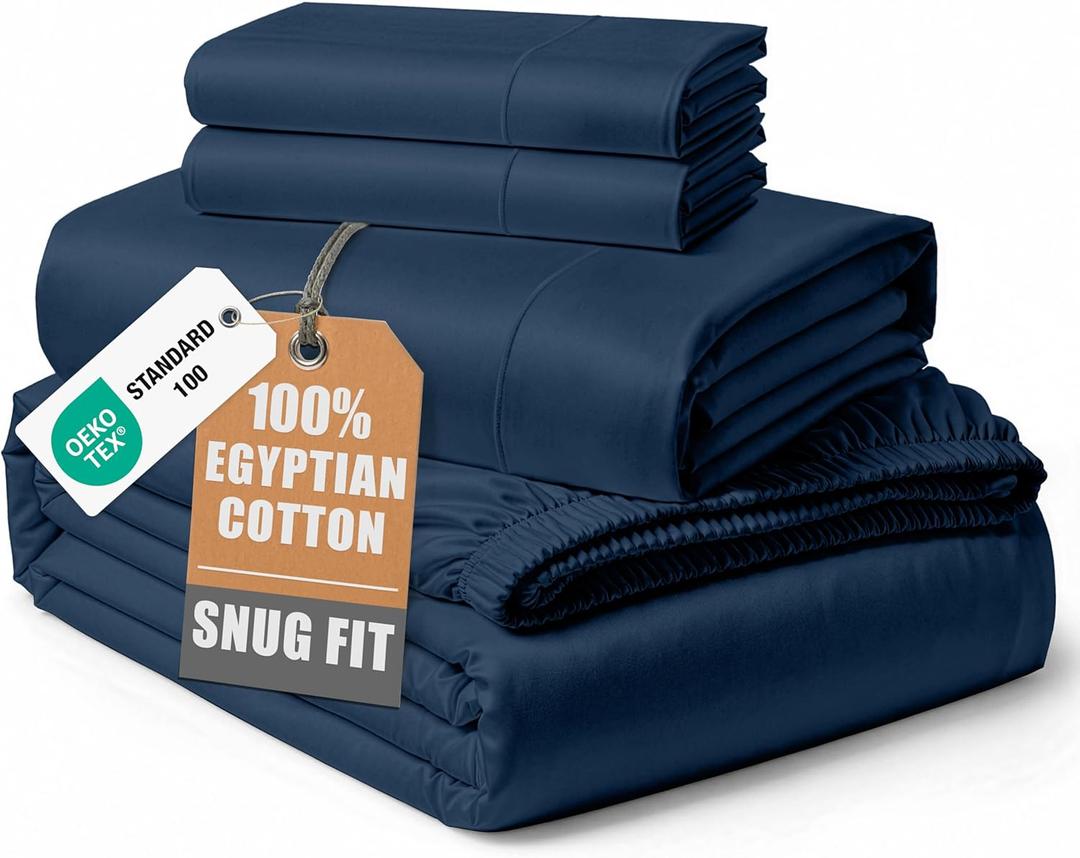 100% Egyptian Cotton Bed Sheets - 4 Piece Autthentic Cotton Queen Sheet Set, Breathable Winter Comfort, No Pilling, Ultra-Soft Hotel Luxury Comfort with 15" Deep Pocket Queen Sheets - Estate Blue