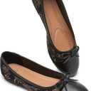 Womens Flats Shoes with Pomegranate Floral Embroidery, White Flats with Bow, Comfortable Round-Toe Flats Shoes, Black Dress Shoes for Women(Soft Memory Foam Insole)(Black.US5)