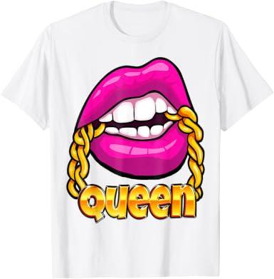 Melanin Juicy Lips Gold Chain Hot Pink Bubblegum Black Queen T-Shirt (White, S)