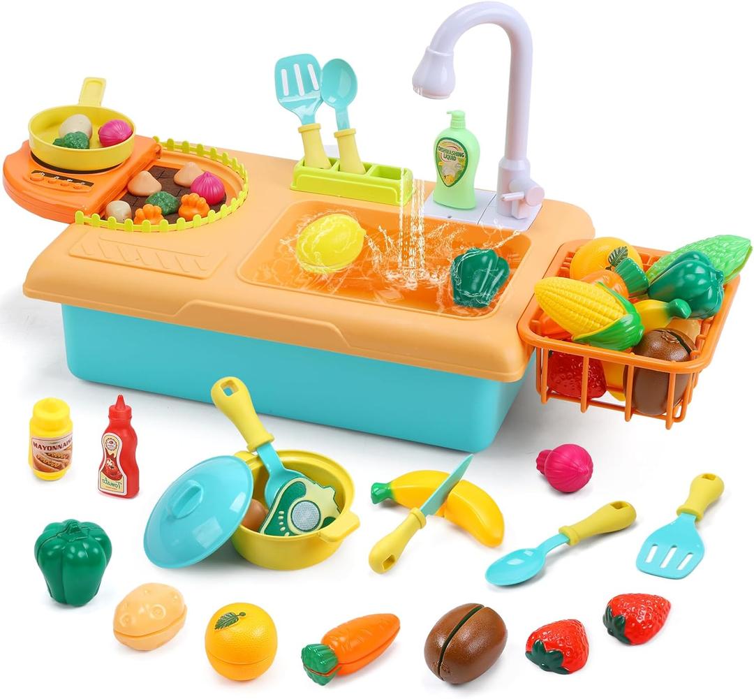 CUTE STONE Kids Pretend Play Sink with Running Water, Toddler Sink Toy with Upgraded Electric Faucet, Play Kitchen Accessories, Cooking Stove, Vegetable Garden Toys, STEM Learning Gift for Ages 3+ (Yellow)