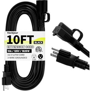 16/3 Black Indoor Outdoor Extension Cord 10 Ft Waterproof, Extension Cord with 3 Prong Grounded Plug,13A 1625W 16AWG SJTW, Flexible Weatherproof Power Cable for Offices, Gardens and Lawns