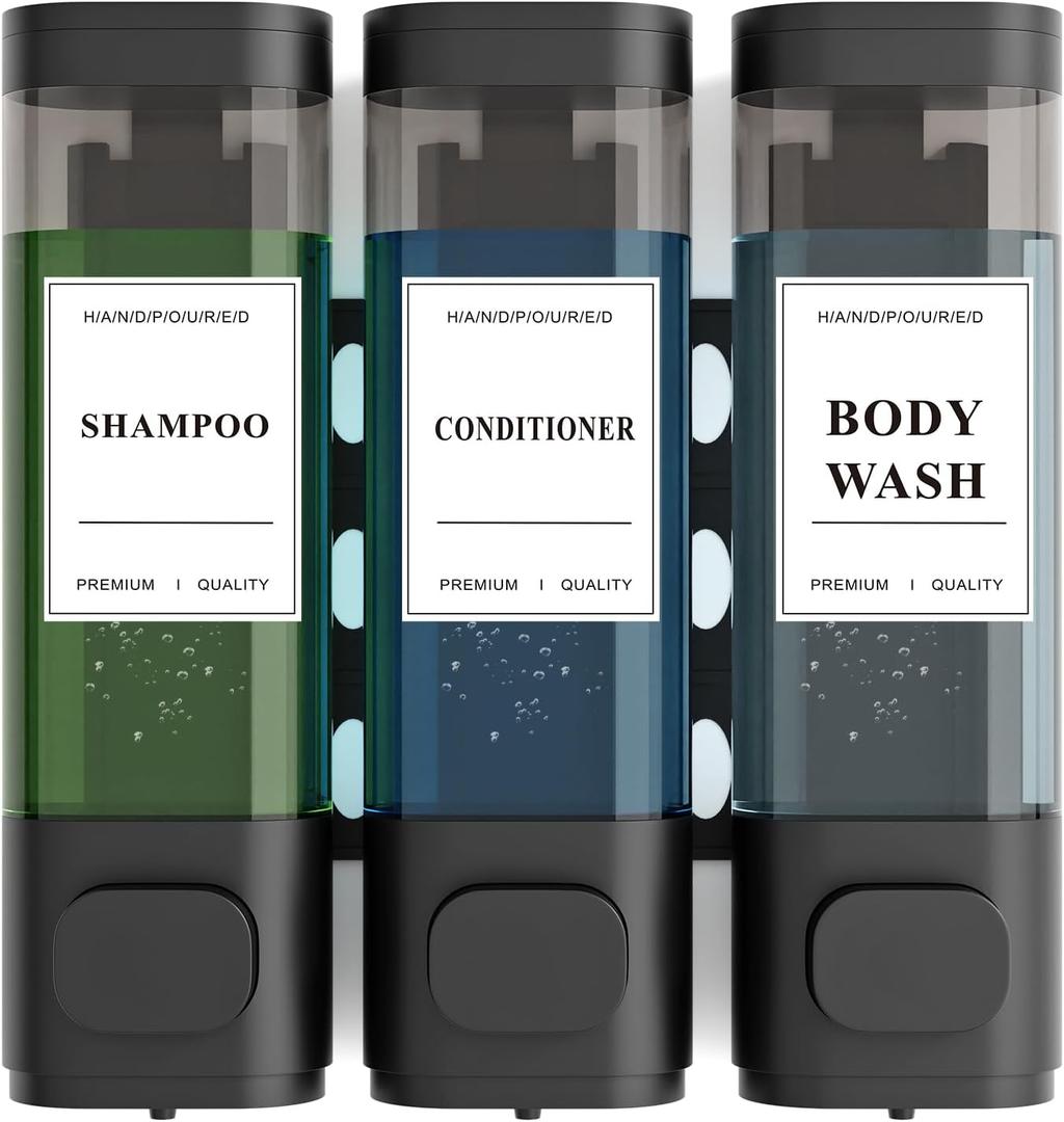 Shampoo and Conditioner Dispenser  Wall-Mounted Shower Soap Dispenser, No-Drill Installation, Lockable, 900 ml Capacity,for Bathroom & Hotel or Airbnb (Black, 3-Pack)