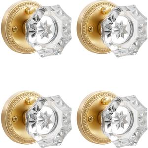 Gold Door Knobs Crystal Door Knob Interior Satin Brass Privacy Brushed Gold Door Knob for Bedroom and Bathroom Glass Door Handles,Zinc Alloy 4 Pack