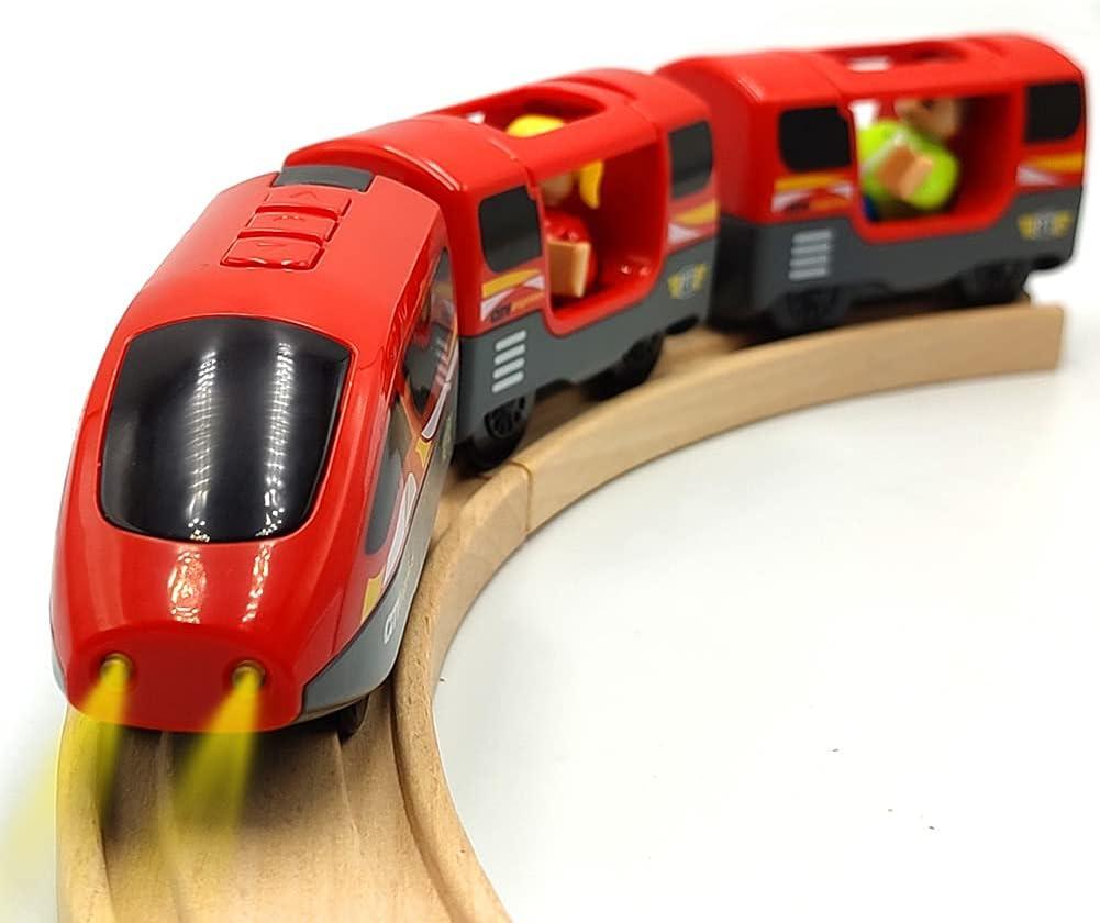 Battery Operated Trains for Wooden Train Track Set Locomotive with Light for Toddlers 3 4 5 Year Old Boys Red High Speed Magnetic Couplings with Passengers(Without Battery)