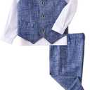 Boys Suit Formal Wedding Ringer Outfit Plaid Stripes 4 Piece Kids Suits for Boys Slim Fit Suit Blue Size 8 Vest Pants Shirt Set with Bow Tie Blue